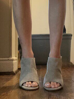 Adam Tucker Meridia Grey Perforated Suede Peep Toe Block Heel Sandals -Size 7.5M